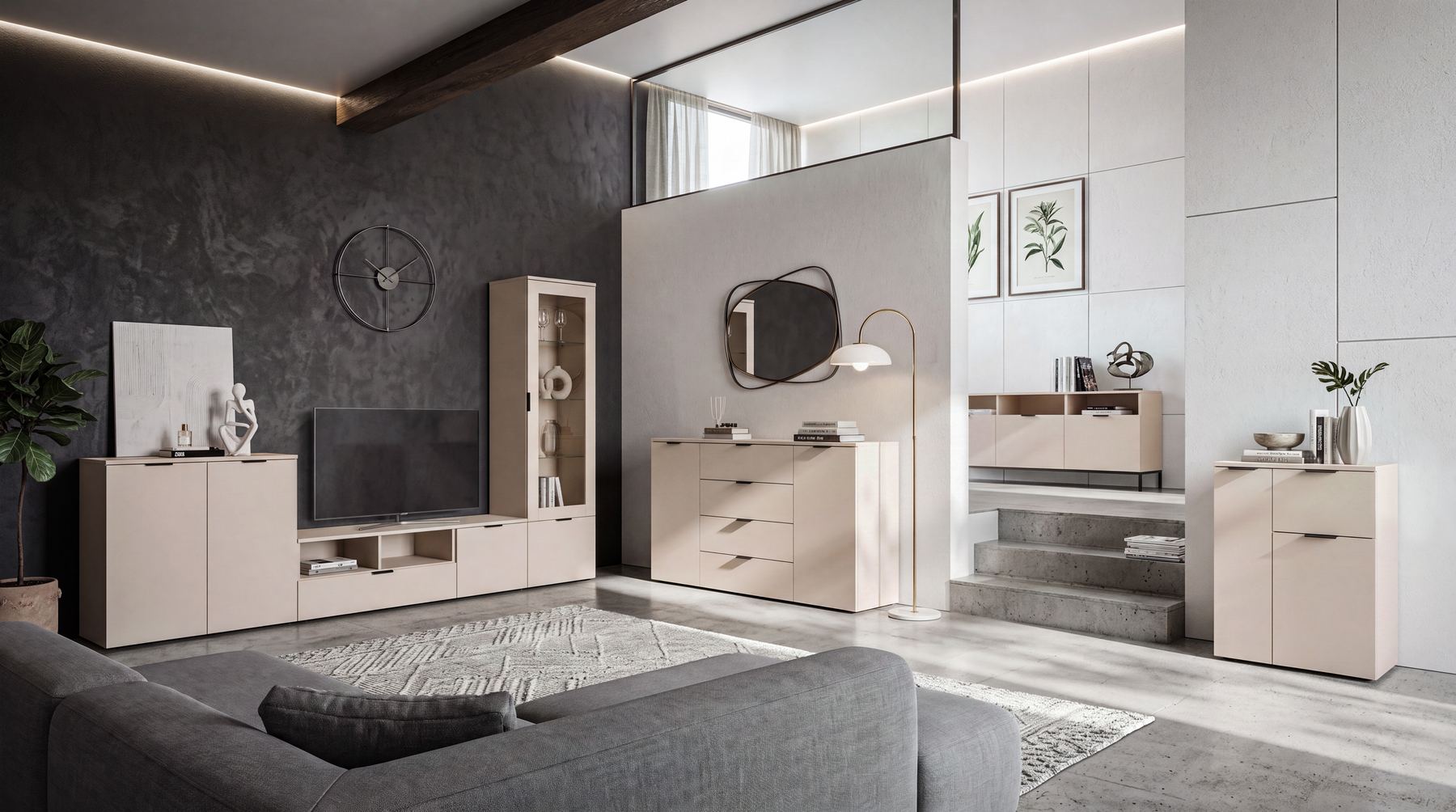 Möbelvisualisierung: 3D-Rendering eines Wohnzimmers mit beigen Sideboards