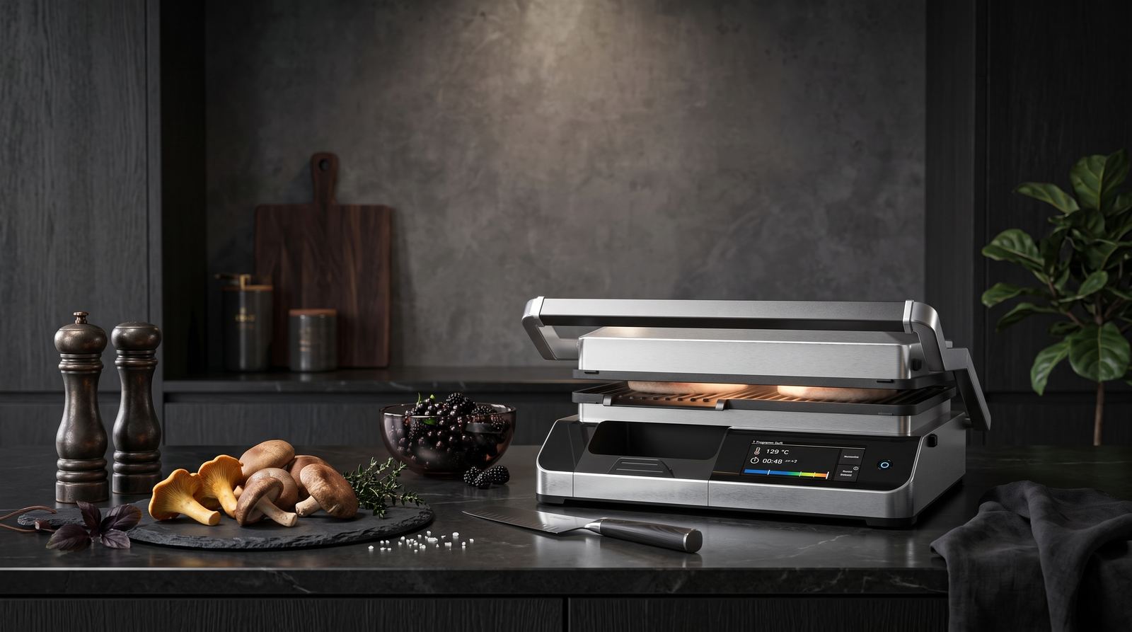 Produktvisualisierung: fotorealistisches 3D-Rendering eines Kontaktgrills in Studioumgebung