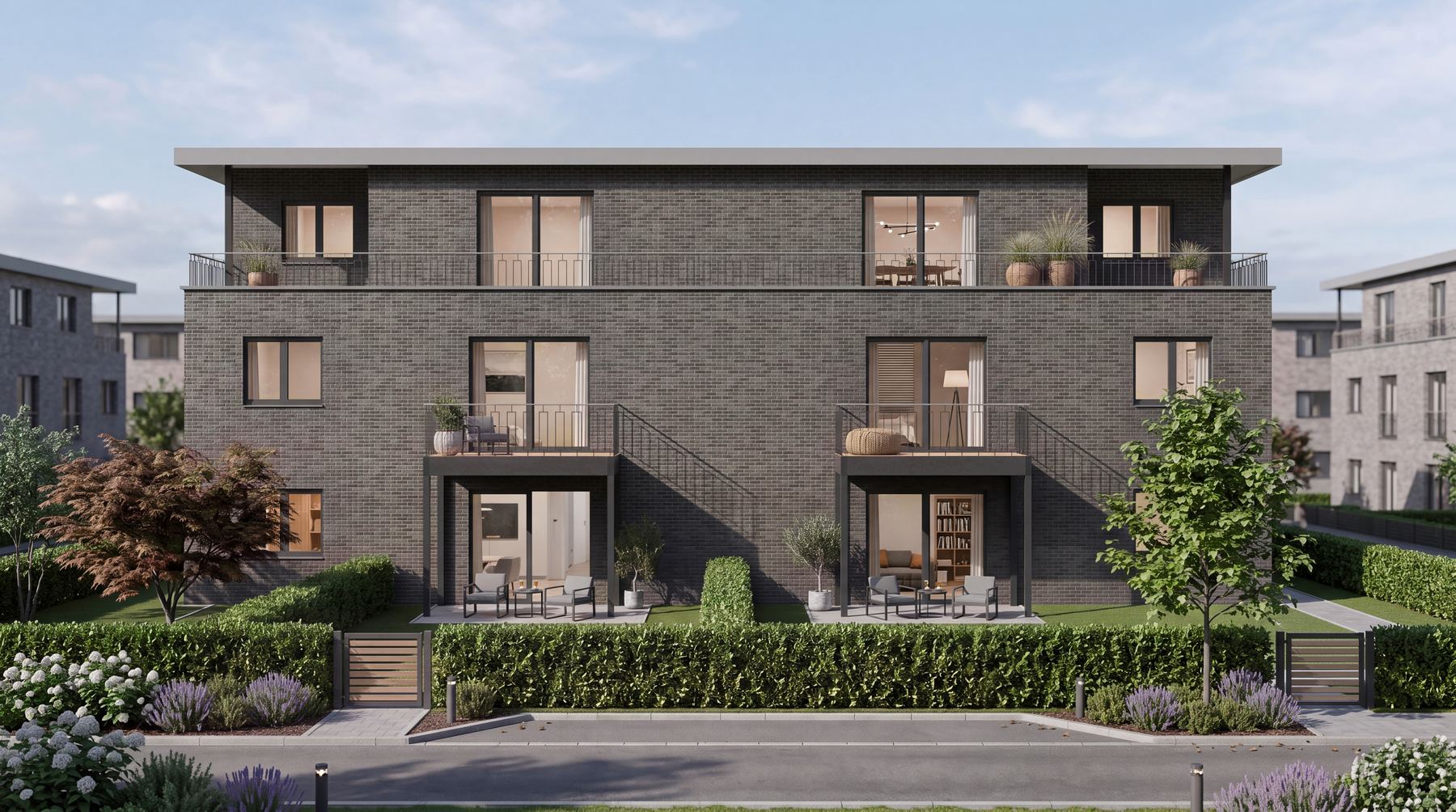 Immobilienvisualisierung: 3D-Rendering eines modernen Mehrfamilienhauses