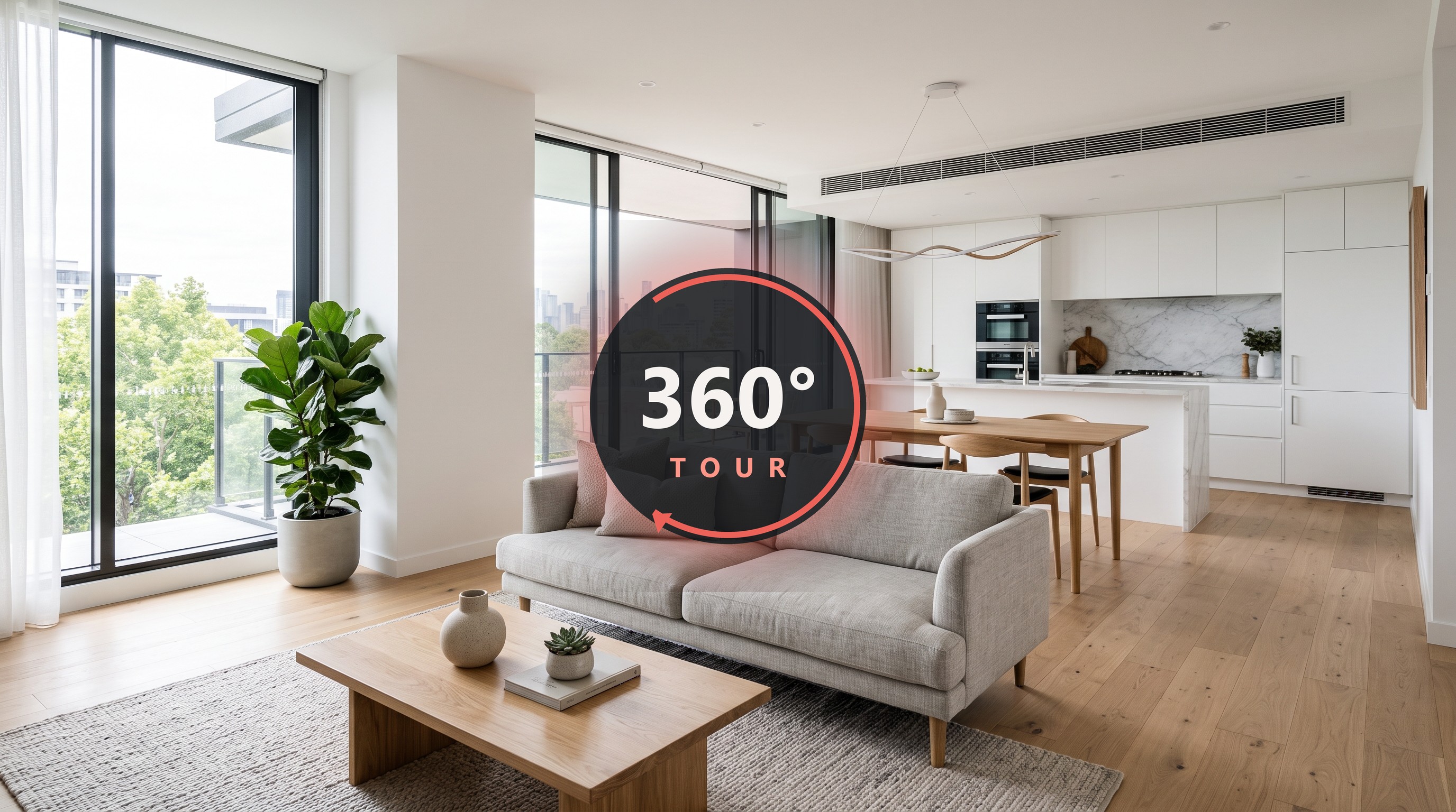 Virtuelle 360°-Tour: modernes Wohn-/Küchenloft mit 360°-Tour-Badge